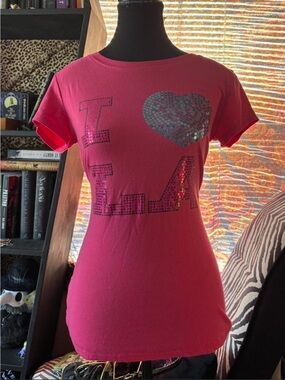 Reserved Pink Sequin "I ♥ LA" Short Sleeve Tee